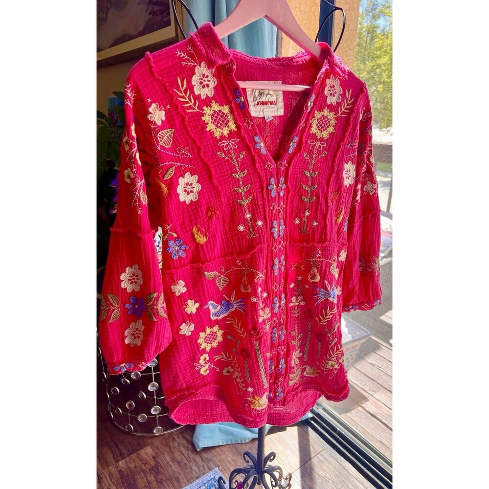 Johnny Was Embroidered Cotton Pink Top Bell Sleeve Size S (Fits To L)